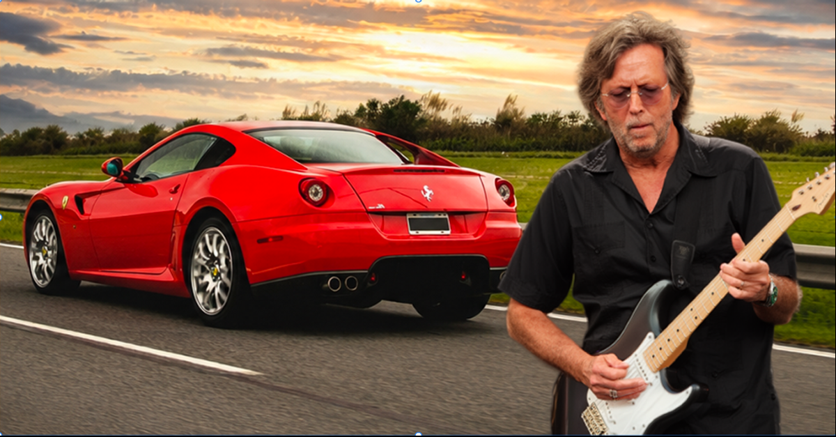 Composite of rock musician Eric Clapton playing the guitar and a Ferrari 599 GTB Fiorano