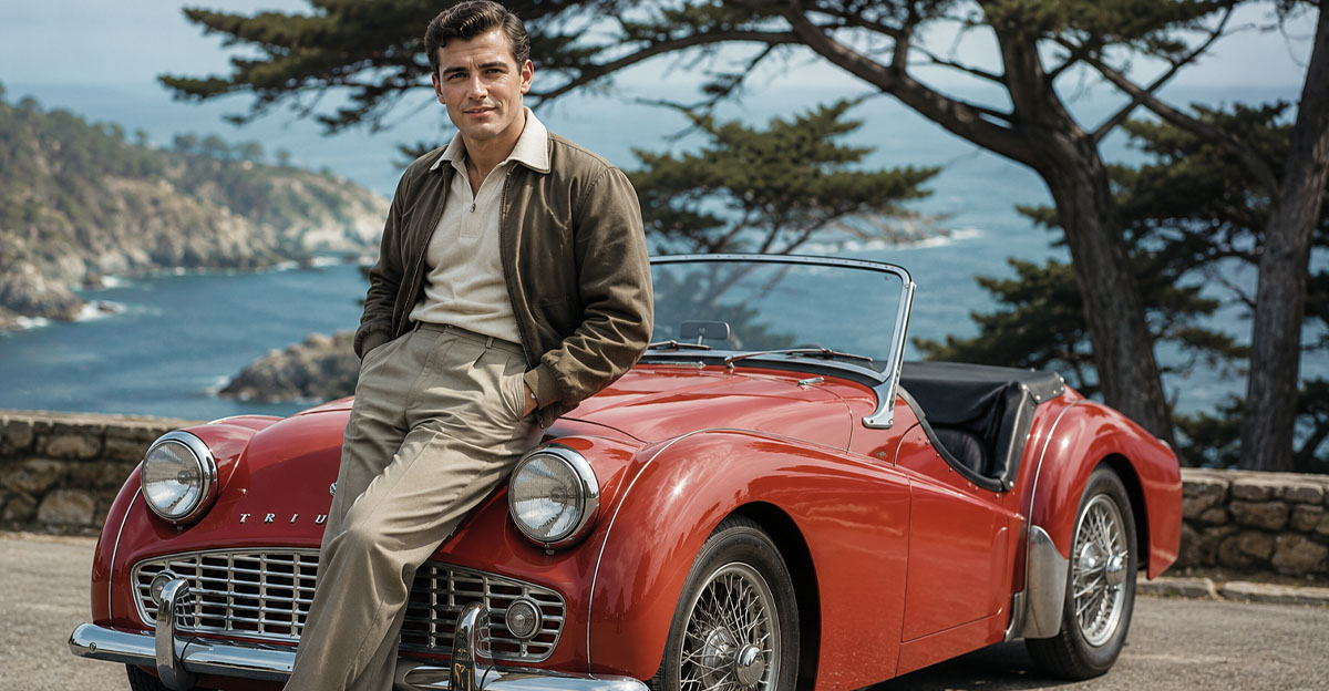 AI-generated image of a man leaning on a Triumph TR3