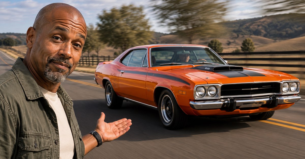 AI-generated image of Black man gesturing to an orange 1975 Plymouth Roadrunner