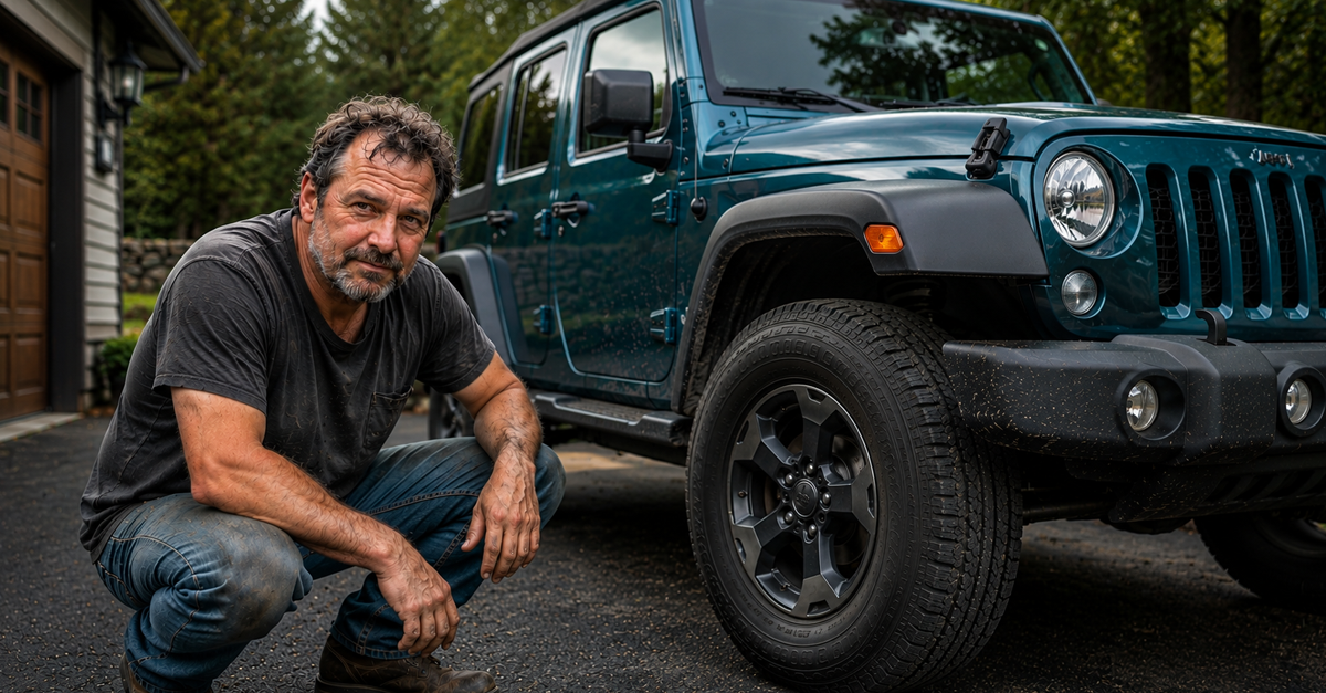 AI-generated image of a man crouched down next to a teal Jeep Wrangler