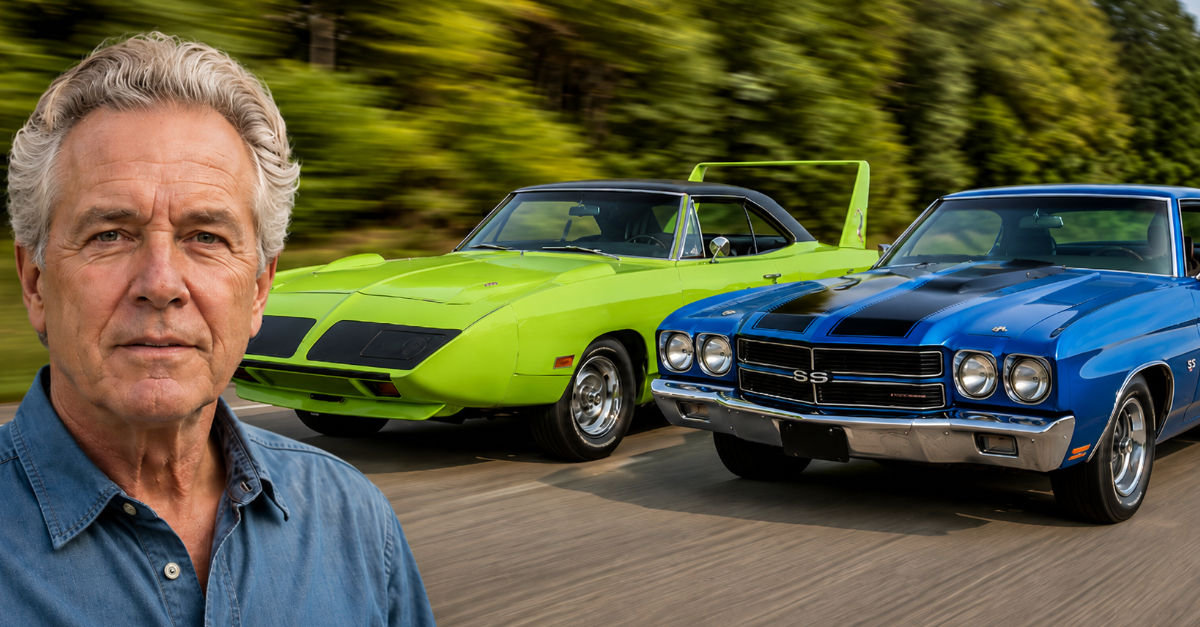 Chevelle and Plymouth Superbird on road man in foreground looking at camera