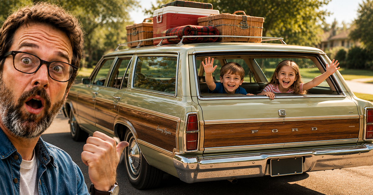 A shocked man and a station wagon