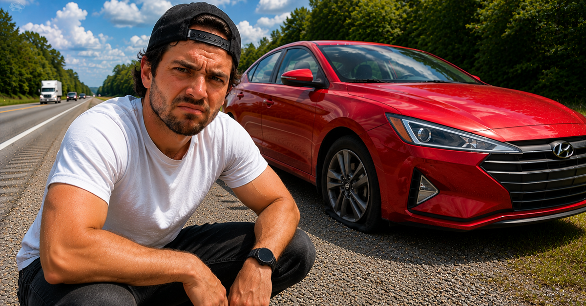 AI-generated image of a man wearing baseball cap, crouched down next to a Hyundai Elantra with a flat tire