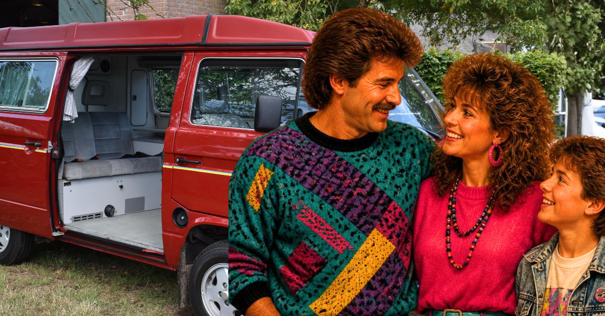 a red 1989 Volkswagen T3 California camper