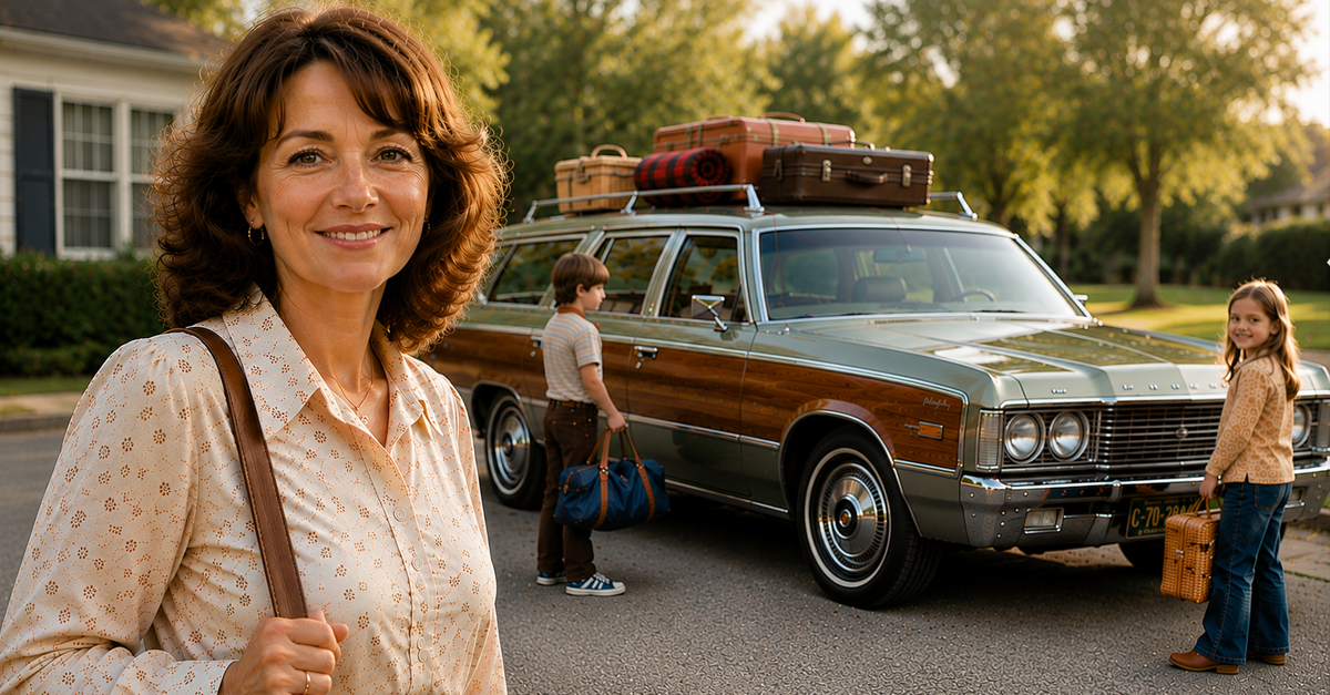 AI-generated image of a smiling woman, 1970 Chrysler Town and Country, and two young children