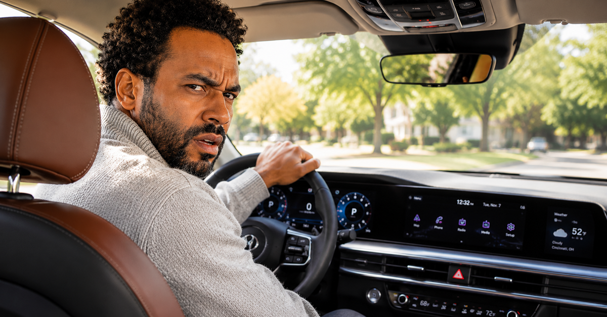 AI-generated image of a frustrated driver sits inside a modern car with a digital dashboard