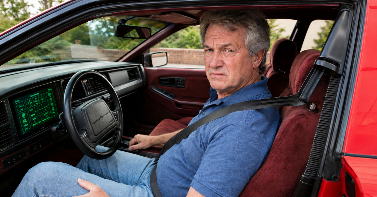 man sitting in 1980s car with green touchscreen