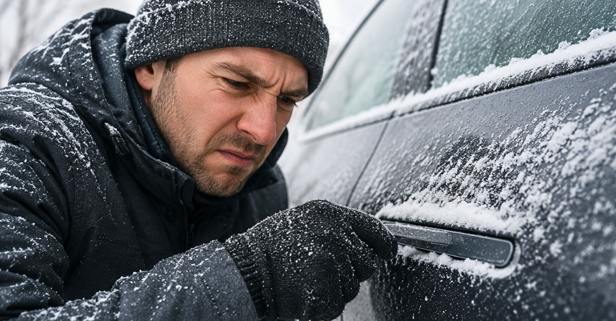 Struggling with a frozen car door.