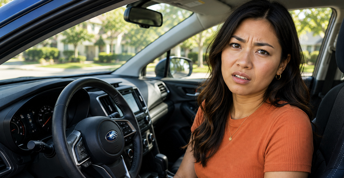 AI-generated image of a woman who wants to turn of the automatic start-stop in her new car.