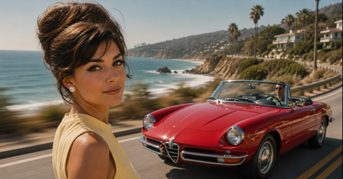 Woman posing beside a red 1966 Alfa Romeo Spider on a scenic coastal highway.