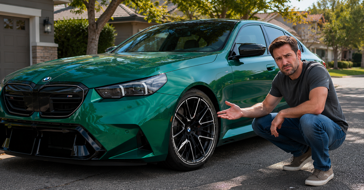 Frustrated man crouching beside a green BMW M5, pointing at its front tire