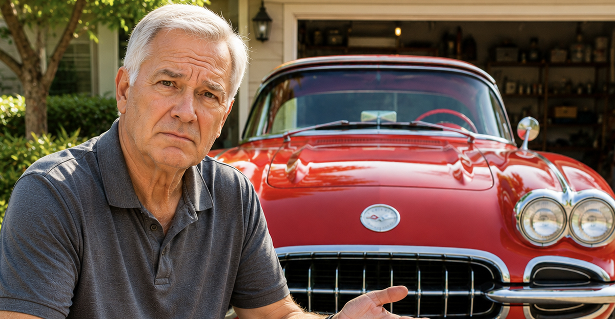 AI-generated image of a man sitting in front of his classic car.