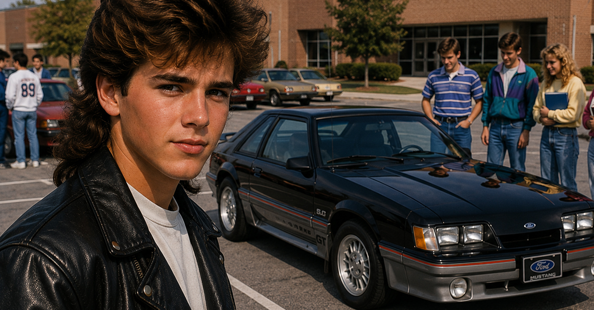 high school in the 1980s with his ford mustang