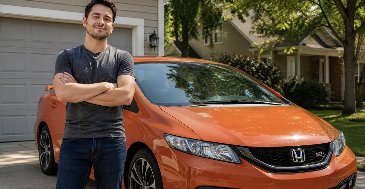 AI-generated image of a man standing proudly beside a Honda Civic SI.