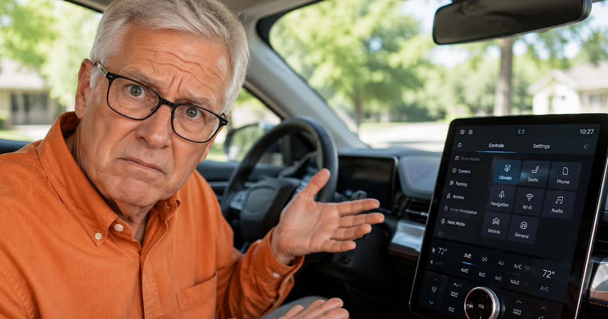 A confused elderly man in a car