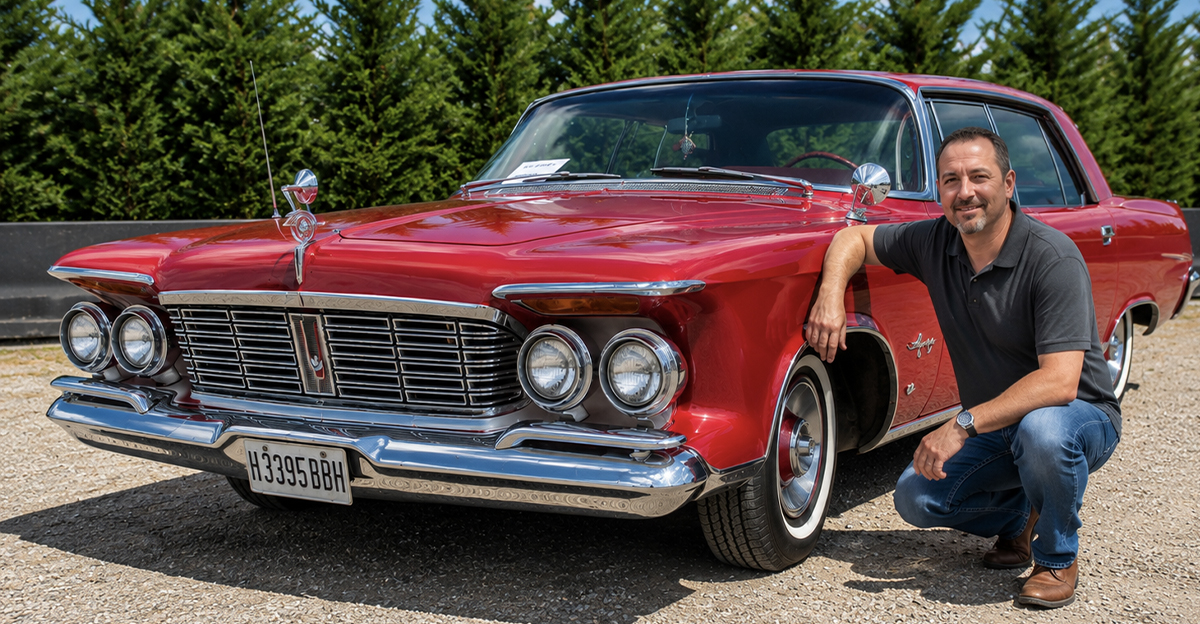 AI-generated image of a man kneeling next to a 1982 Chrysler Imperial.