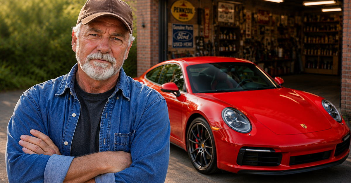 AI-generated image of an older man standing beside a red Porsche 911 outside a residential garage