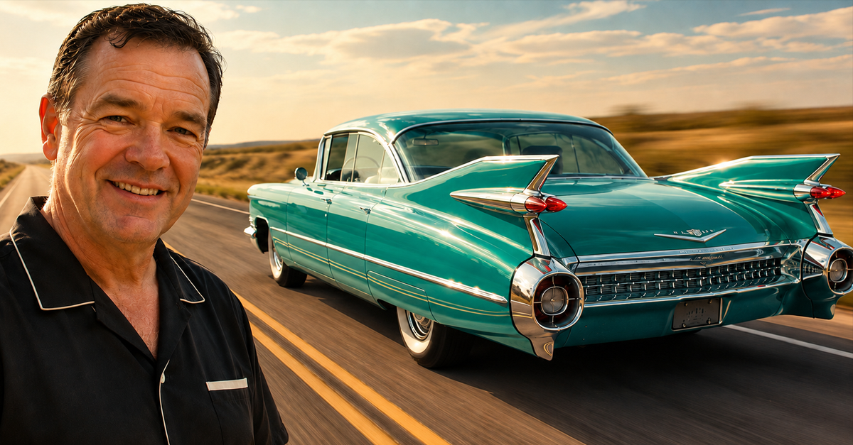 AI-generated image of a smiling man watches a teal 1959 Cadillac Eldorado cruise down an open highway