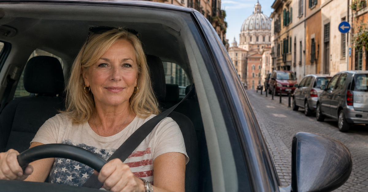 American Boomer woman driving in Europe