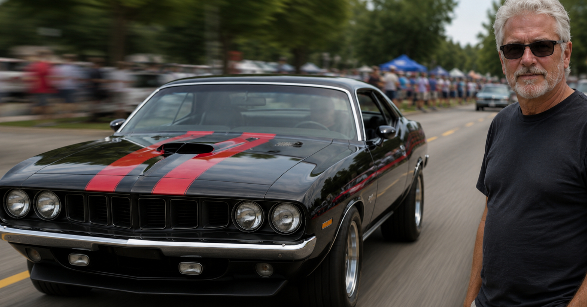 black muscle car, man looking at camera