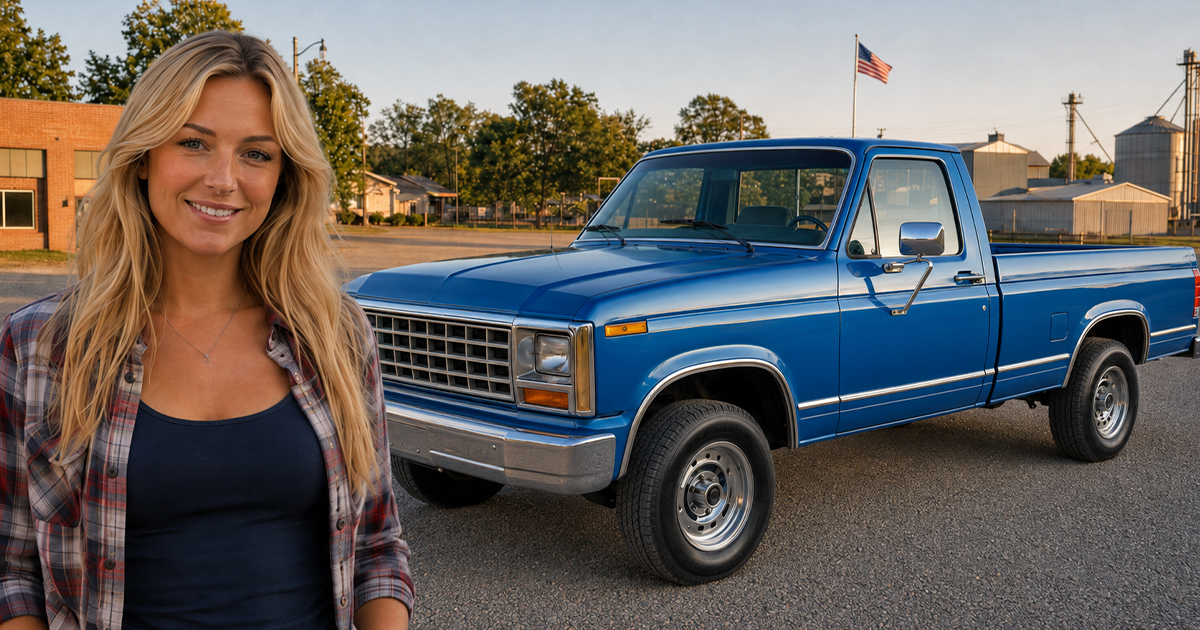 Blonde woman with a blue pickup truck