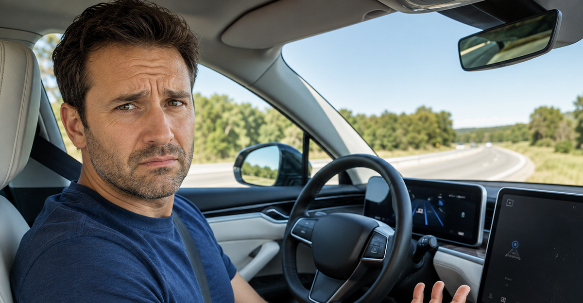 AI-generated image of man who can't drive a certain road with his hands-free vehicle.