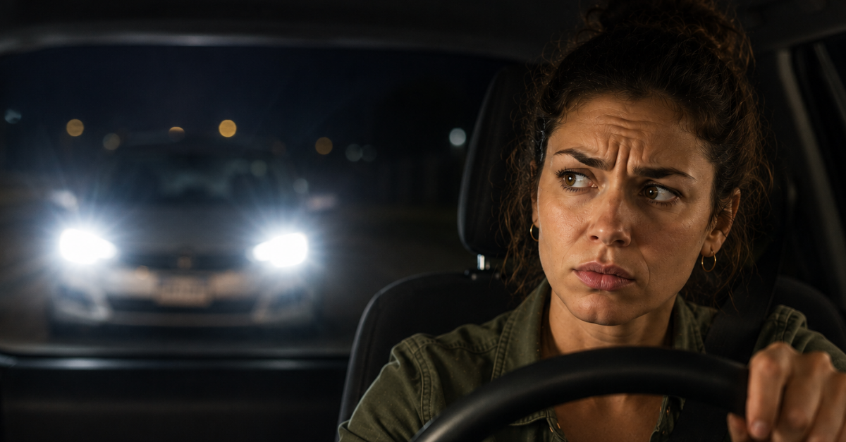 worried woman in car with headlights behind her
