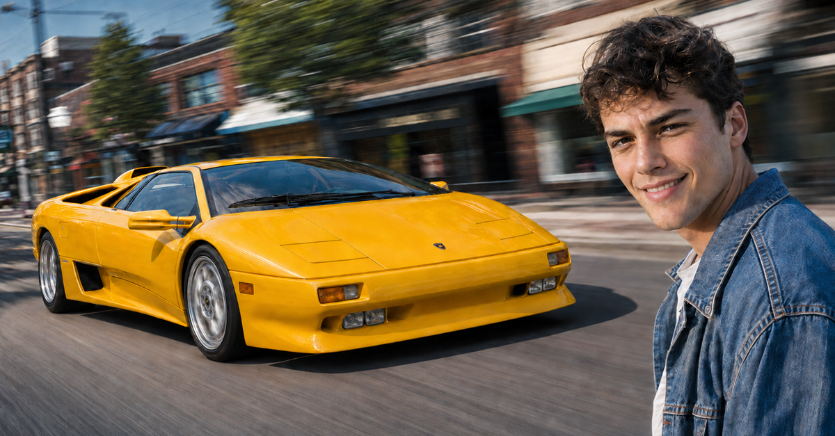 Yellow Lamborghini Diablo and a smiling young man in a denim jacket