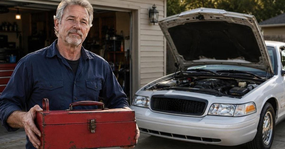 man witn toolbox in front of car in driveway