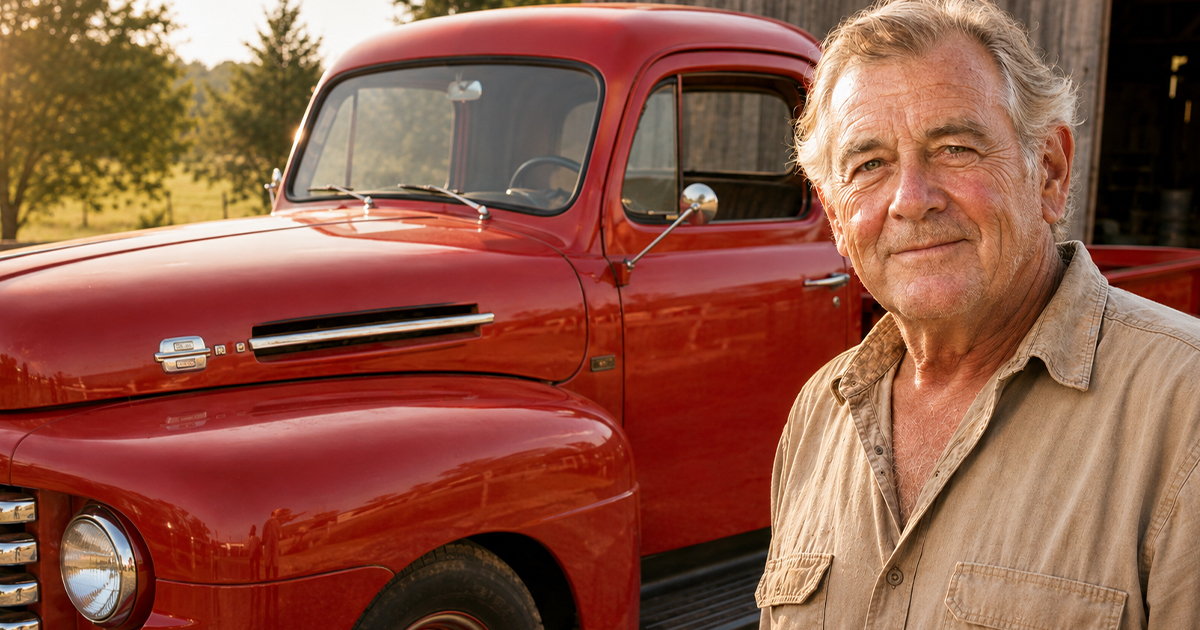 Older man with a classic red pickup truck