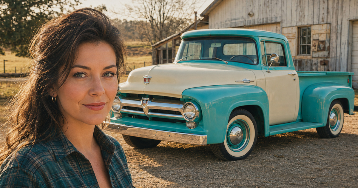 Brunette woman with a classic truck