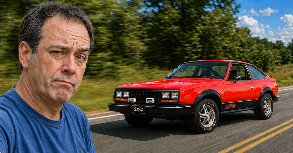 AI-generated image of a red AMC Eagle and a man looking skeptical