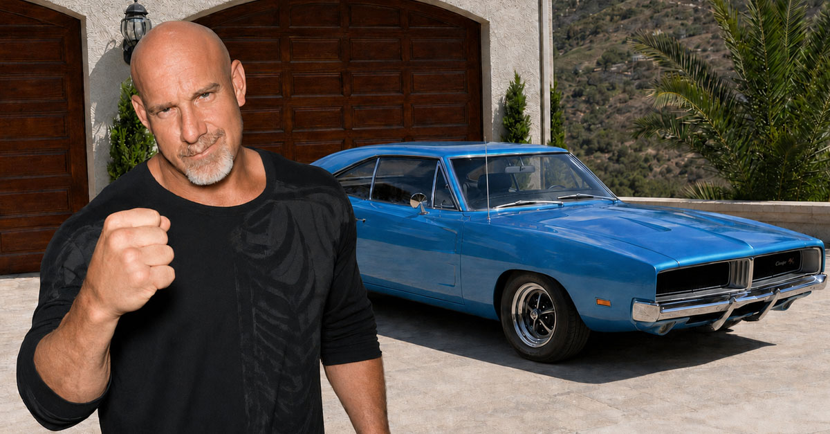 Composite image of actor and former WWE wrestler Bill Goldberg and an AI-generated background featuring a blue 1969 Dodge Charger parked outside a garage