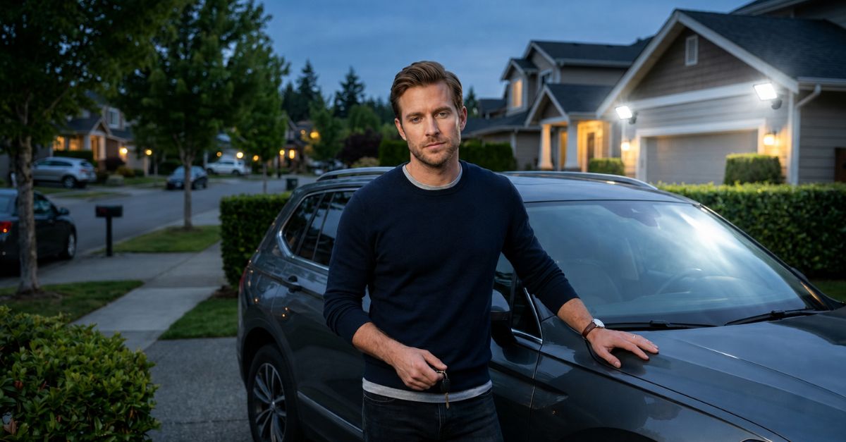 mildly frustrated man standing on driveway, with floodlights visible in background