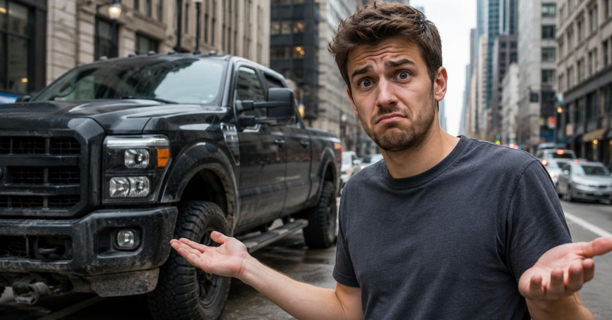 Confused man with a big truck