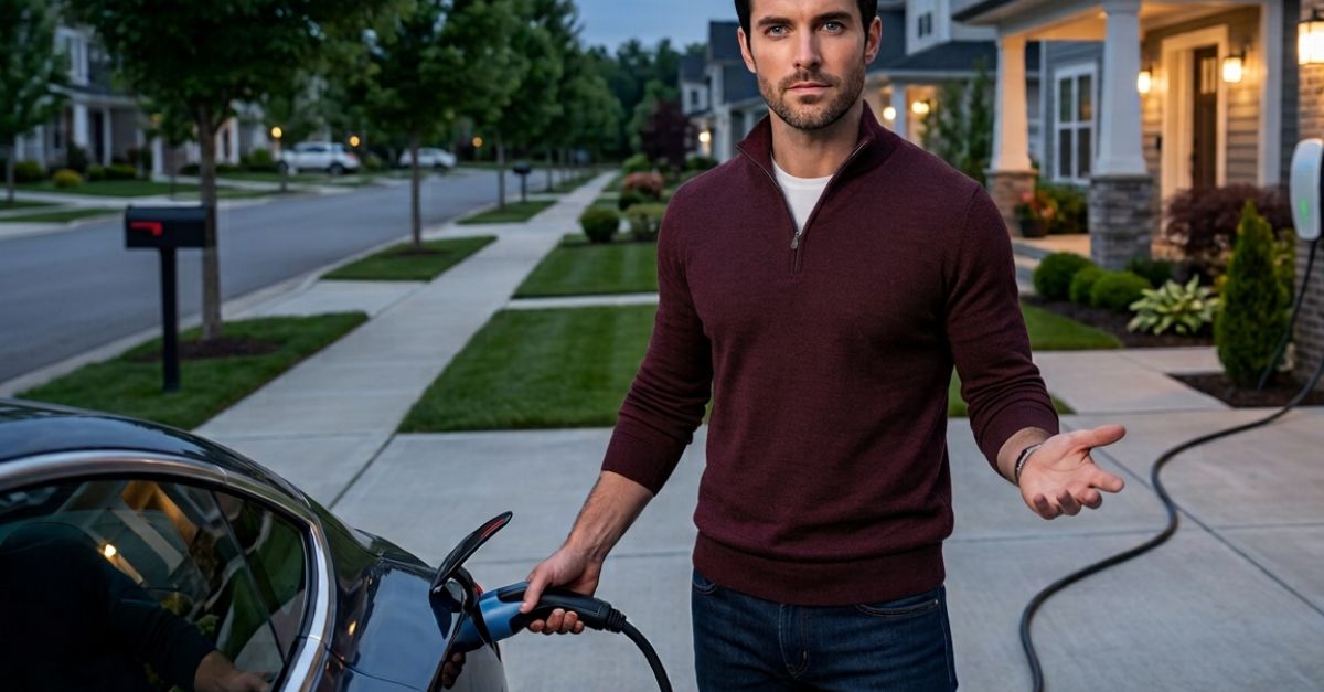 mildly frustrated man charging EV at home