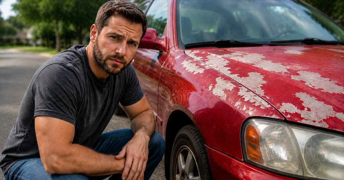 AI-generated image of white man crouching next to red car with fading paint
