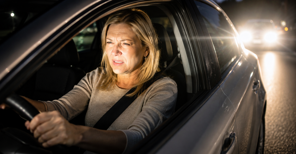 AI-generated image of blonde woman driving a car while squinting against glare of oncoming headlights