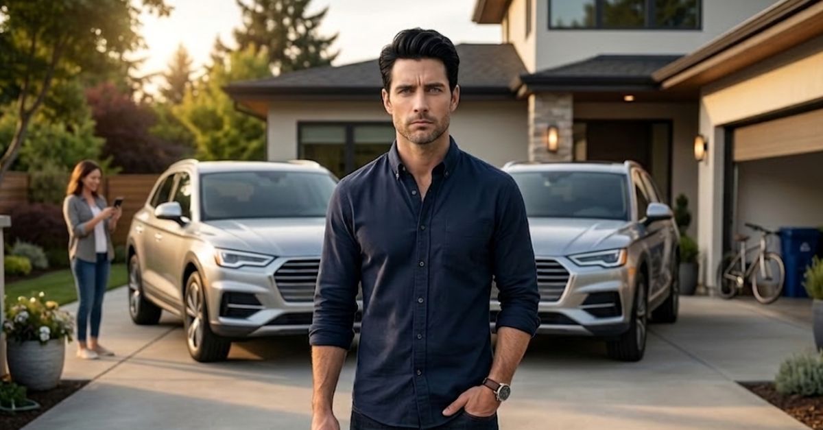 frustrated man in front of two identical luxury SUVs