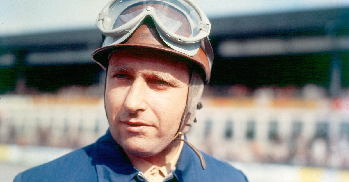 Portrait of Juan Manuel Fangio in blue racing outfit