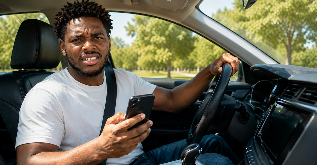 AI-generated image of a Black man sitting in car holding phone