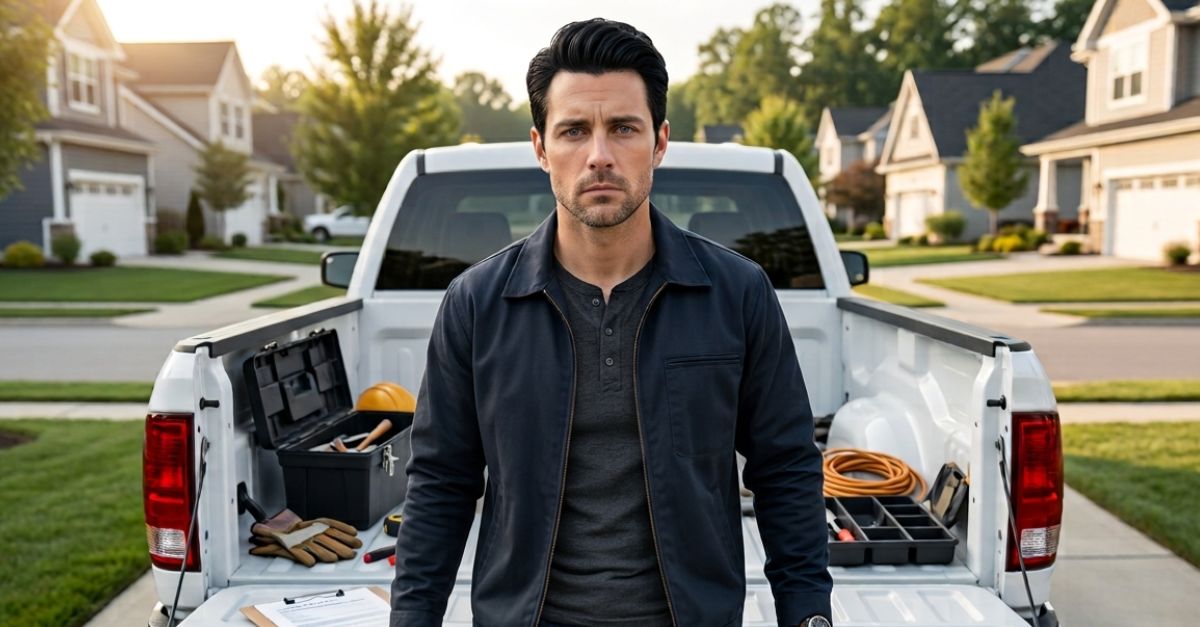 sad and frustrated man holding insurance documents standing near truck with tools