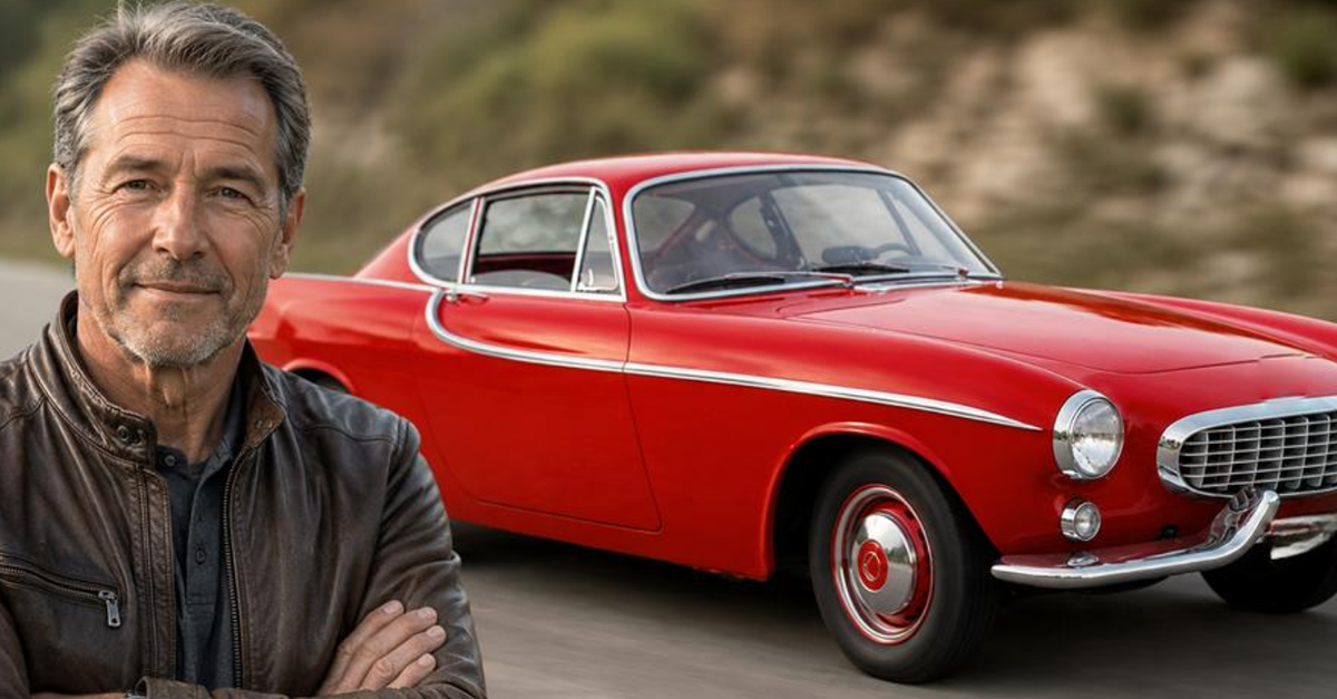 Man looking at camera, background beautiful red car
