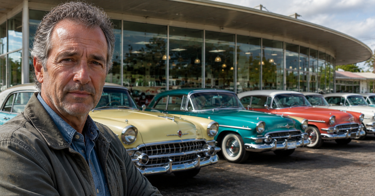 car lot with vintage cars, man looking at camera