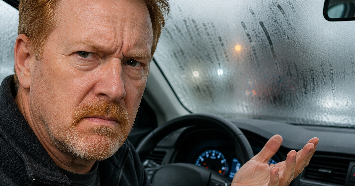 Annoyed man sitting in a foggy car
