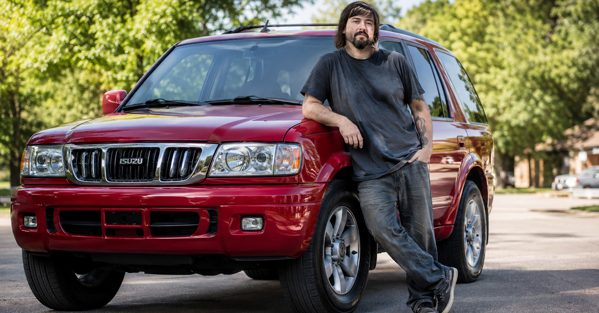 AI-generated image of a man leaning against a red 2004 Isuzu Axiom