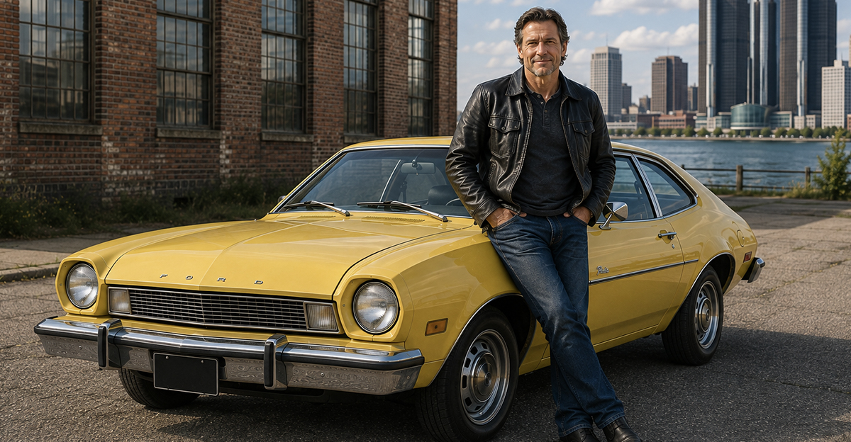 AI-generated image of a man leaning against a yellow Ford Pinto.