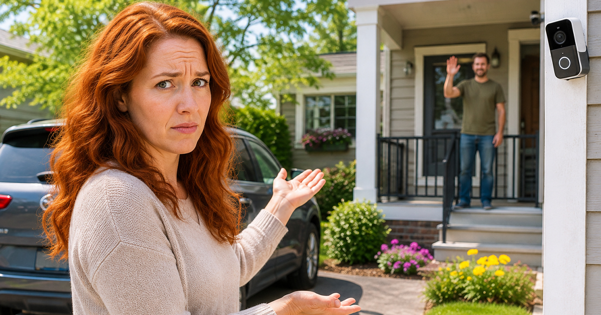 Woman pointing toward neighbor's home cameras
