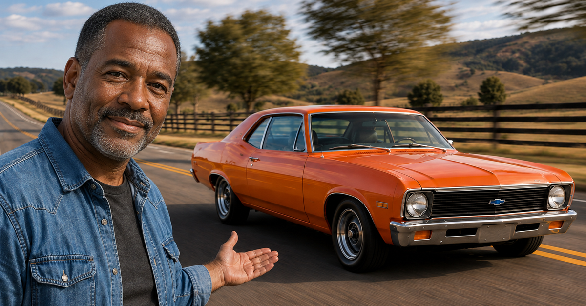 AI-generated image of a Black man gesturing toward an orange Chevrolet Nova