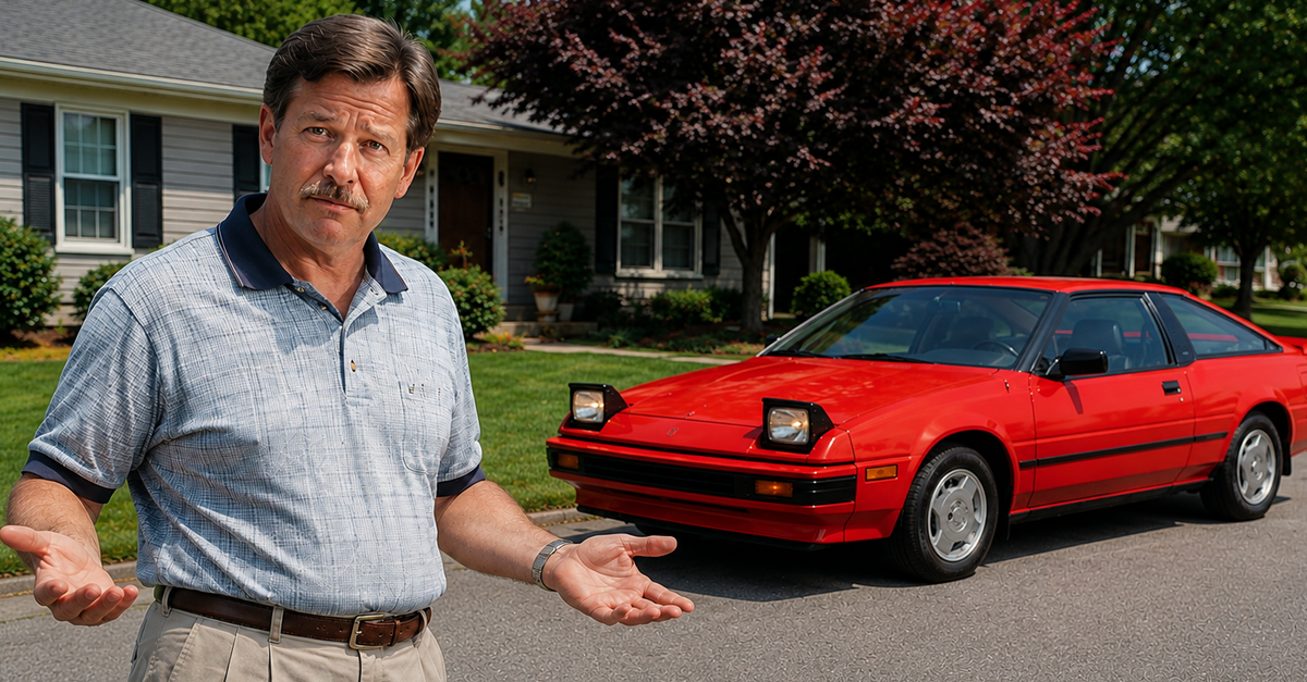 AI-generated image of a puzzled man standing beside a red 1980s Subaru XT on a suburban street